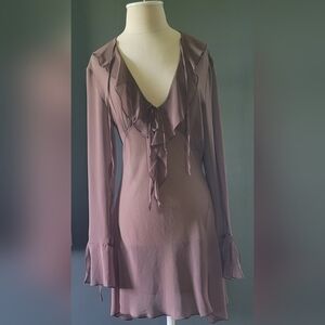 Aritzia' Wilfred' Brown Sheer Sheath Dress with Plunge Neckline.